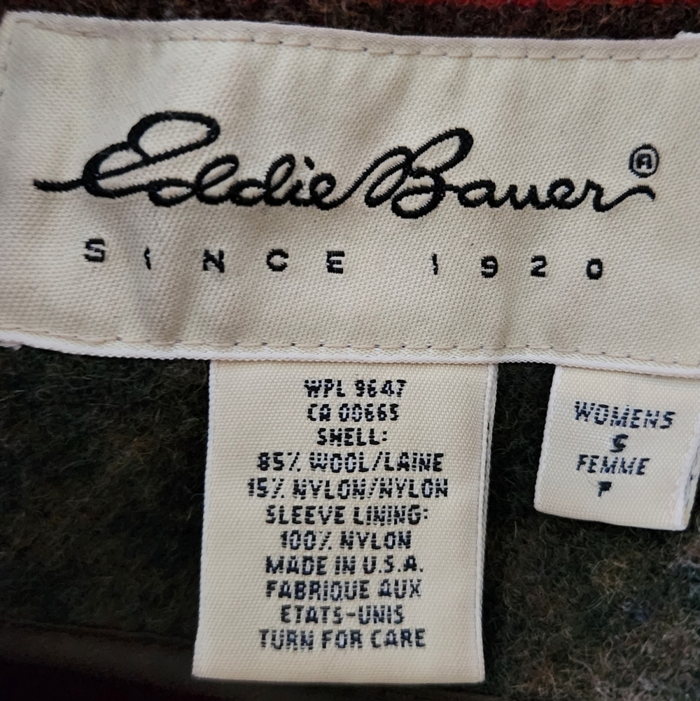 Vintage Eddie Bauer Wool Jacket Blanket Coat Leather Collar Cabin Barn Art S - Picture 4 of 10